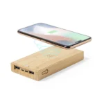 Bambusowy bezprzewodowy power bank 10000 mAh, ładowarka bezprzewodowa 5W, ładowarka słoneczna – zdjęcie produktu